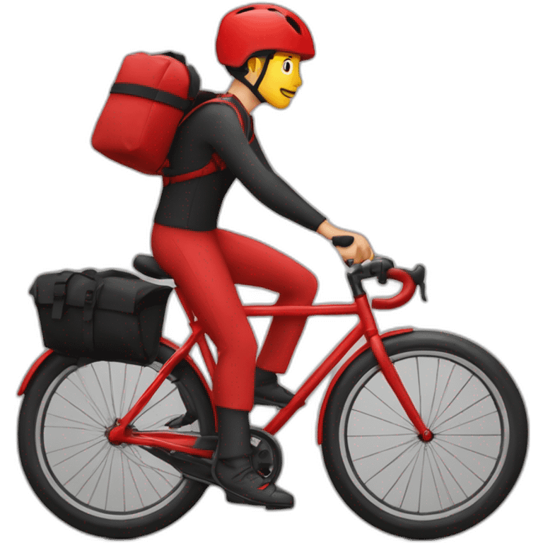 Garçon en tenue rouge sur un vélo noir vélo avec un sac tout rouge cubique, carré emoji