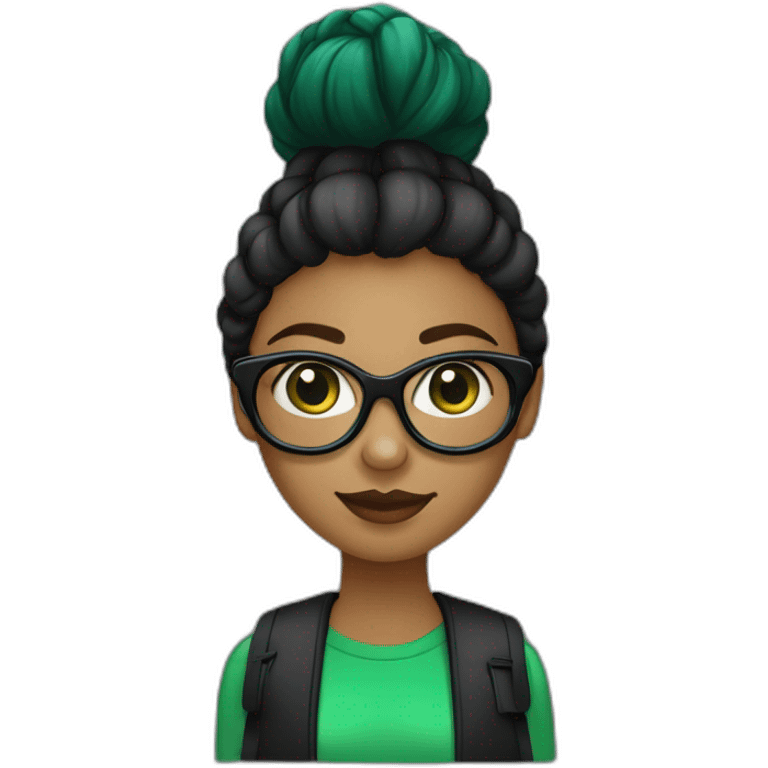 une fille avec de long cheveux noir lisse , des yeux vert , et avec des lunette (en forme de carrer un peu déformé) assez grosse comparer a ça tête , portant un pull noir emoji