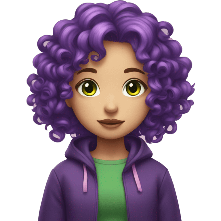 Kawai girl ,curly purple hair ,green big eyes  emoji