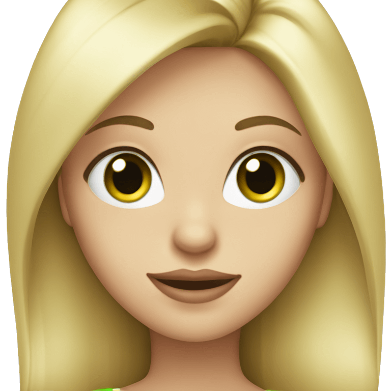 Blonde girl with long straight hair, green eyes, full lips, big eyelashes, showing a heart with her hands emoji