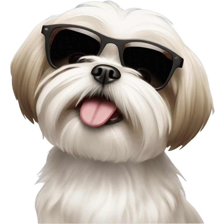 Maltese shiz tzu happy dog beige and white, wearing sunglasses emoji