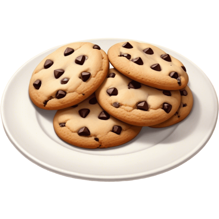 Cinematic Realistic Cookies Dessert Emoji, showcasing a plate of freshly baked cookies with gooey chocolate chips rendered with lifelike textures and warm, homey lighting. emoji