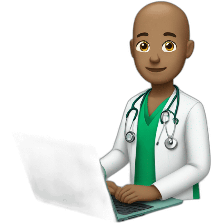 a bald doctor with light brown skin in green scrubs and no stethoscope sitting in front of a laptop emoji