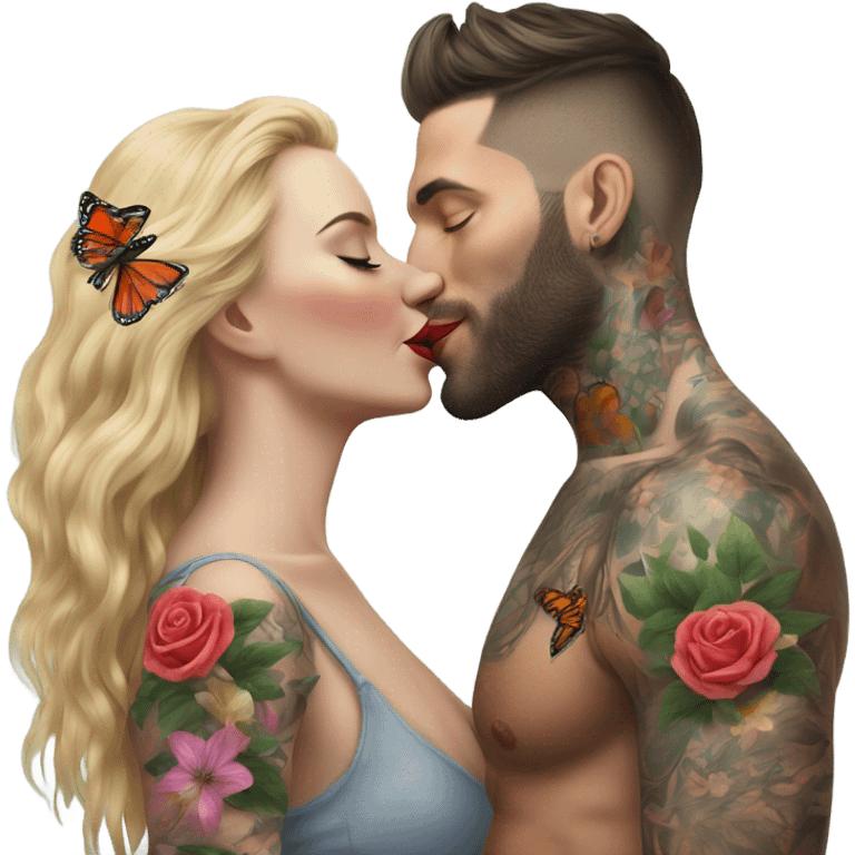 Hyper Realistic beautiful woman being kissed by a handsome tattooed man holding flowers with butterflies  emoji