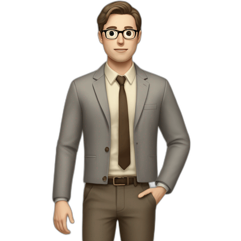 Full height Actively Gesturing Pale skinned fit man with dark brown hair in gray jacket, beige office shirt, brown tie, brown pants and vintage glasses. emoji