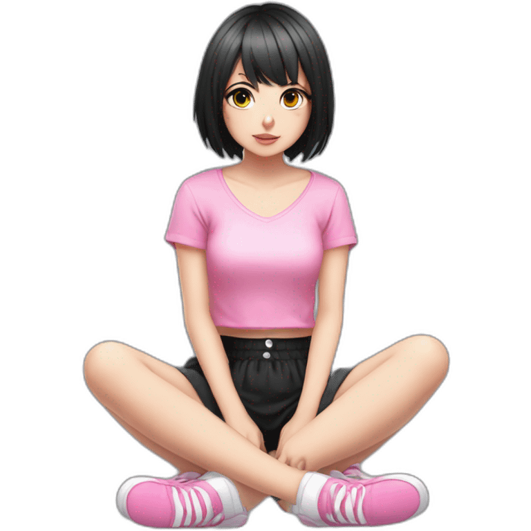 full body Front view emo girl sits on the floor black skirt pink knickers emoji