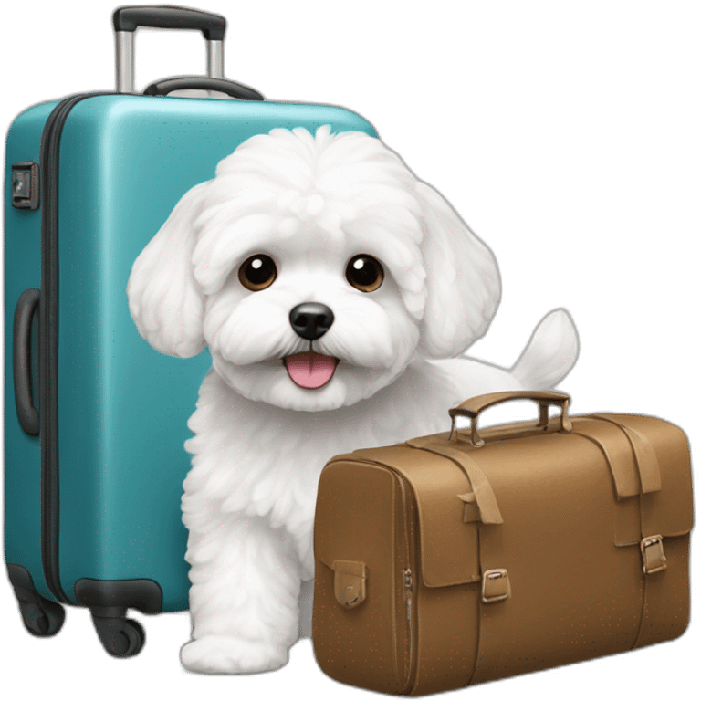 a white maltipoo with a luggage next to him emoji