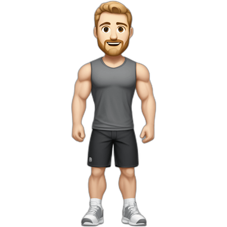 Full height Pale skinned fit man With biceps, Realistic eyes and mouth, light brown hair and stubble In dark gray sleeveless mike, black oversize sports shorts, watch and white sneakers. emoji