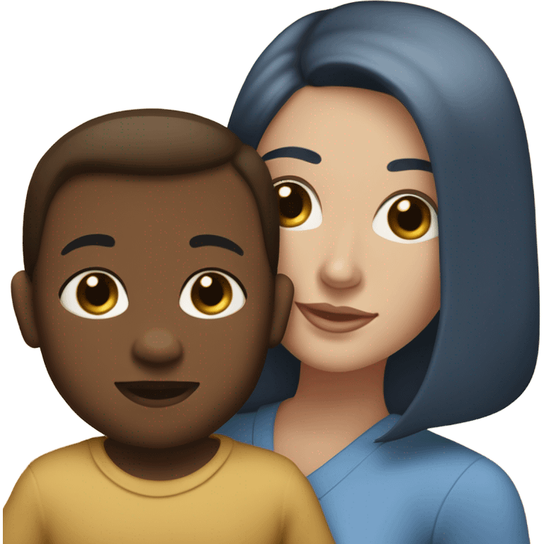 white woman, with straight long mid hair, dark brown hair, blue eyes, round face, uni-lips. holding her baby boy, one year old, brown skin, bit of hair straight brown smiling emoji