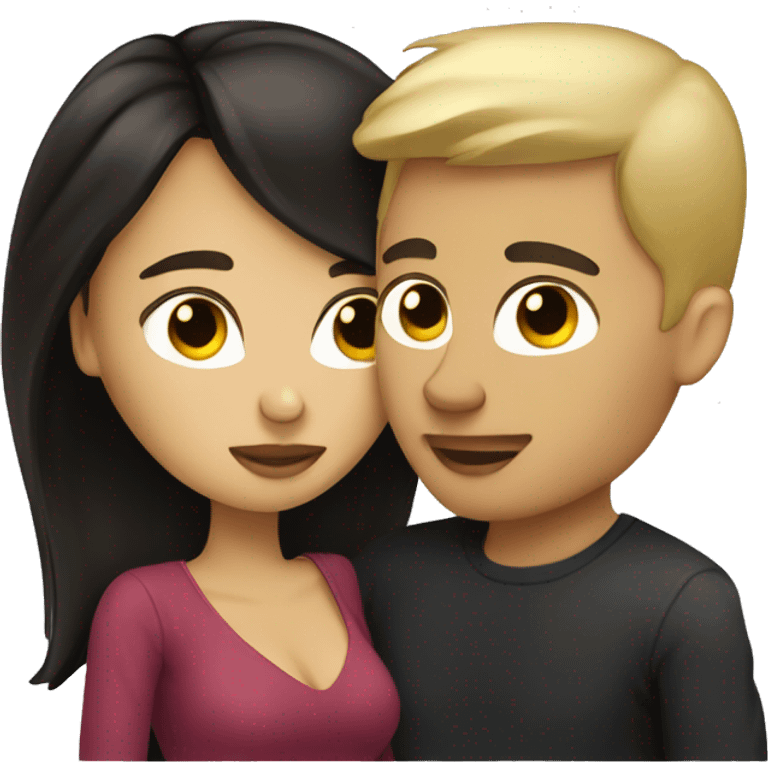 Blonde guy and dark brunette female kissing emoji