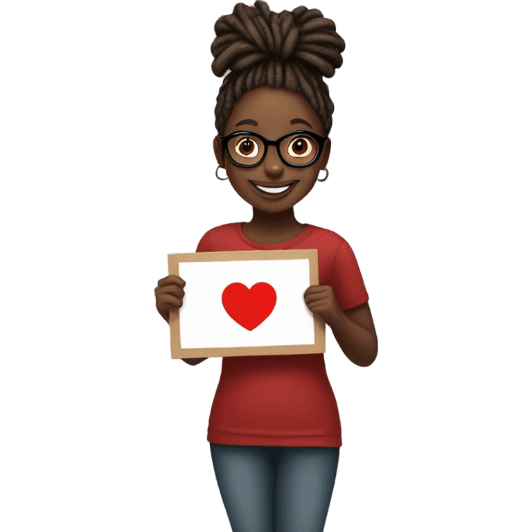 Black girl with red medium length dreadlocks holding a sign that says “PJ” with a red heart on the sign underneath the word, the girl is also smiling and is wearing glasses  emoji