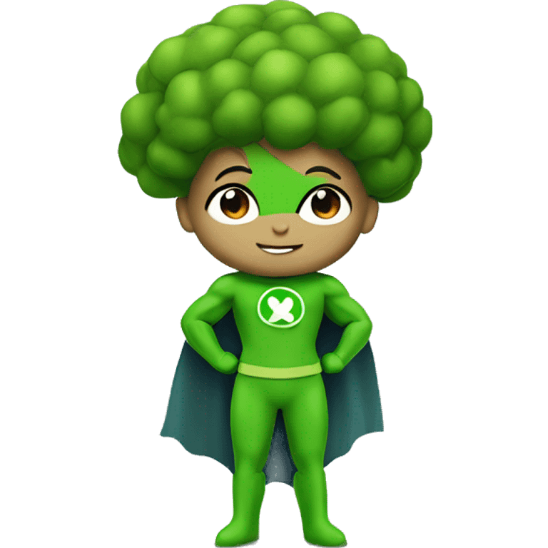 cute mini superhero with green clothes and a broccoli as hair,  full body saying hello emoji