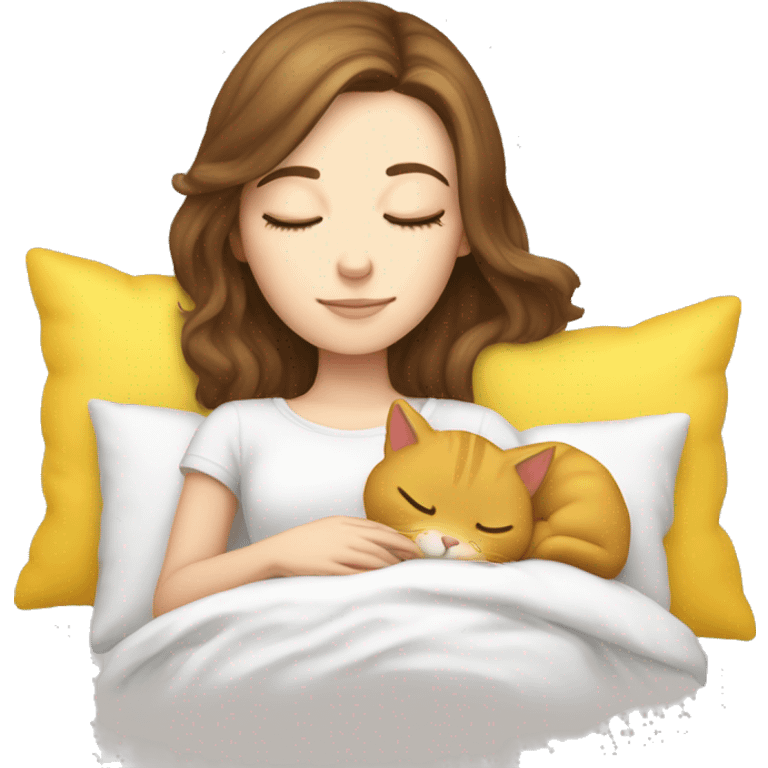 White girl brown hair sleeping with yellow kitty emoji