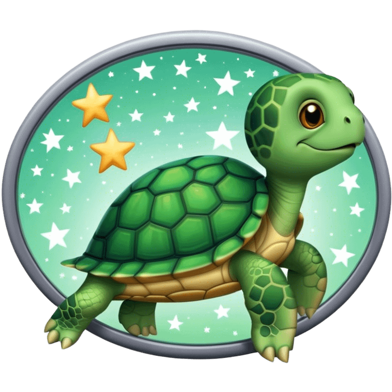 Turtle reflection in a mirror with stars emoji