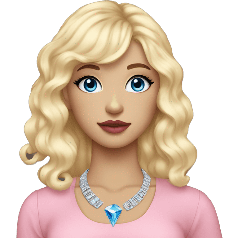 Blonde bold wavy long hair with bangs, blue eyes, girl, pink lips, black eyeliner, red blush on cheeks and nose, pink eyeshadow, black shirt with lower arms shown shoulder, silver necklace with little blue diamond emoji