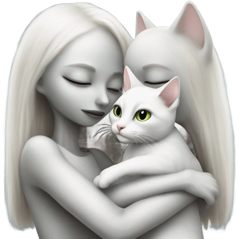 Photo realistic, alien female, kissing and embracing white cat, emoji