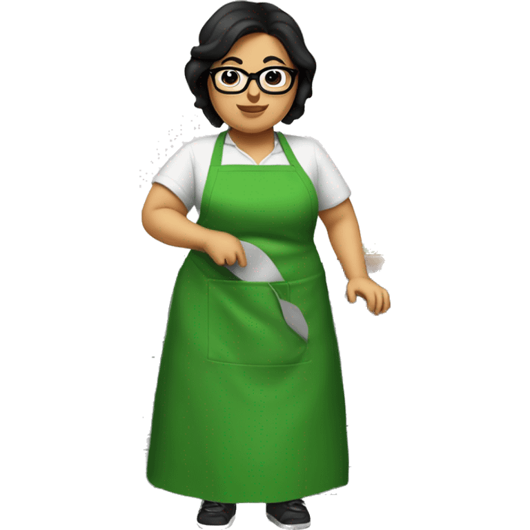 chubby lady with black hair green apron  with glasses cooking tacos emoji