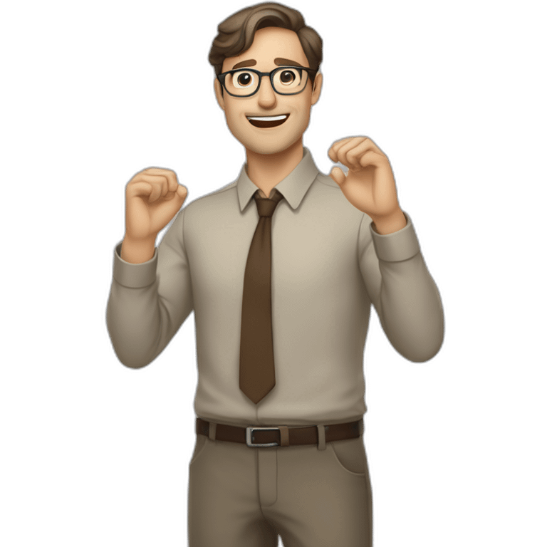 To belt Actively gesturing with hands Pale skinned fit man teacher with dark brown hair in gray jacket, beige office shirt, brown tie, brown pants and vintage glasses. emoji