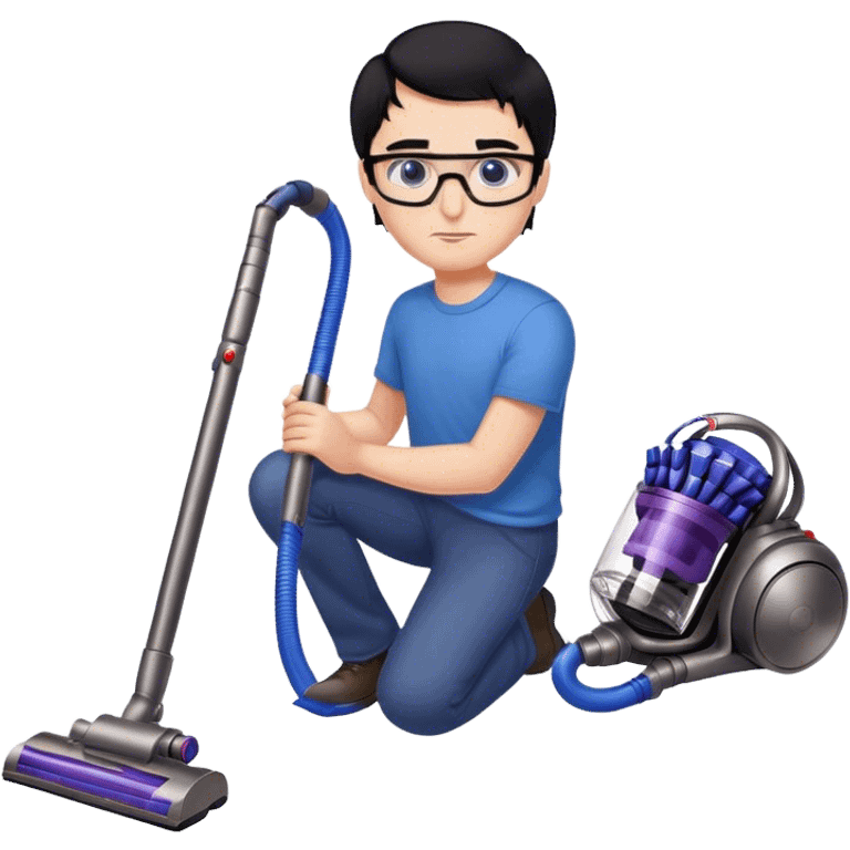 Man with black hair and blue eyes with glasses using a dyson on the floor emoji