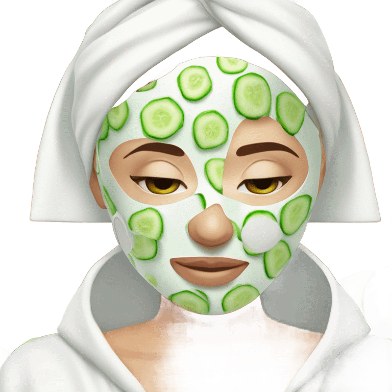 Girl with freackles Brown hair white skin and blue eyes wears Green colored texture skin care mask all over her face while She relaxes and puts two round piece of cucumber on her closed eyes In a white Robe emoji