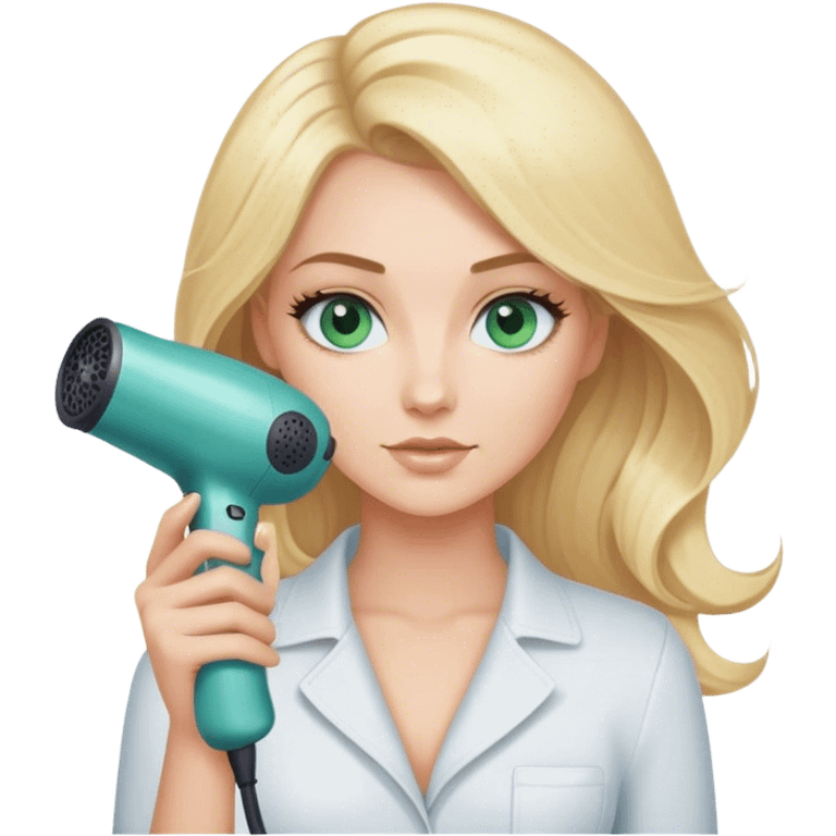 Blonde bob girl hair stylist with blue green eyes holding a hair dryer  emoji