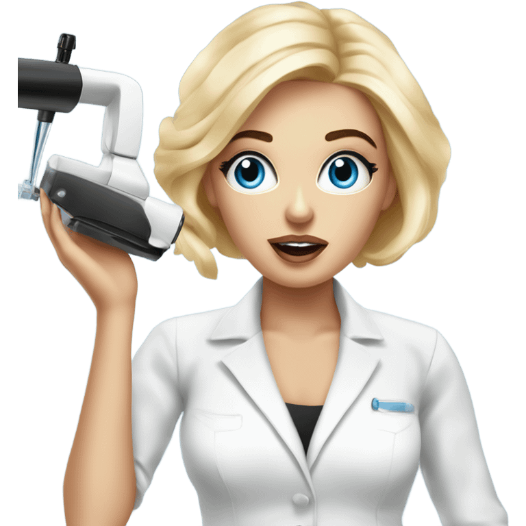  a surprised permanent makeup artist with a permanent makeup machine in her hands, a surprised blonde with blue eyes emoji