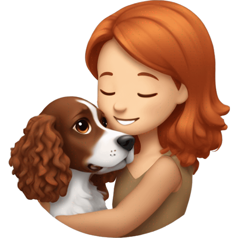 A very cute girl with red hair cuddling a happy brown-bright happy Cocker Spaniel that is only one color emoji