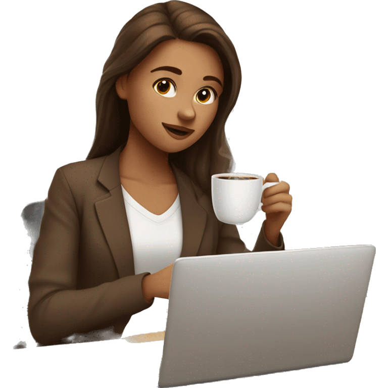 cute girl with brown hair working on laptop and drinking coffee emoji