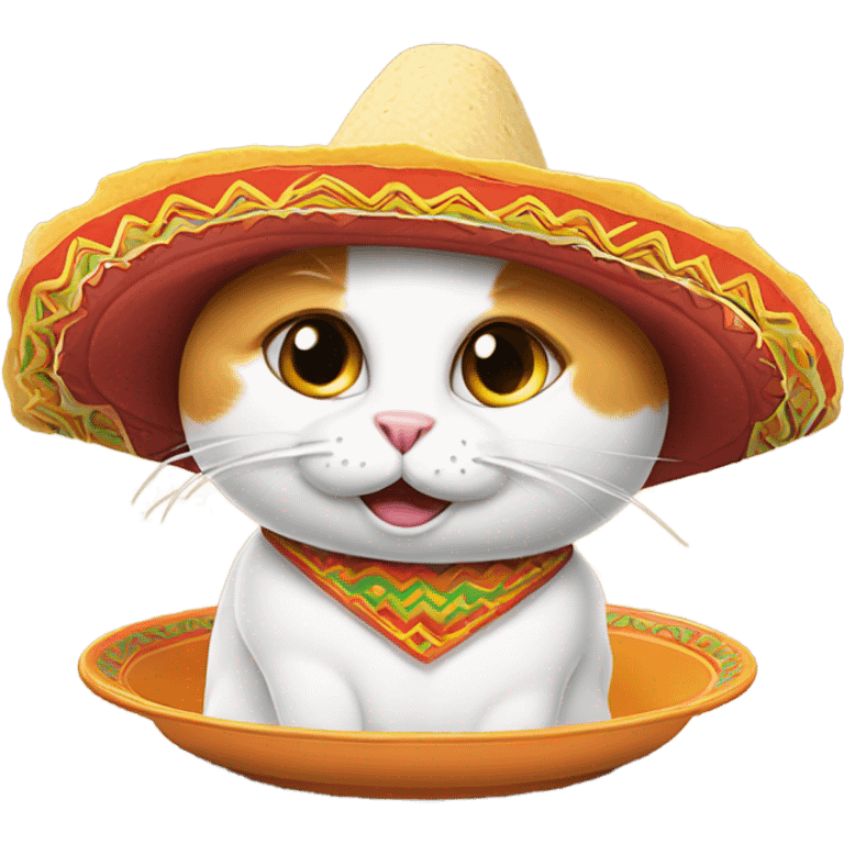 A white and orange cat eating tacos with a Mexican hat emoji