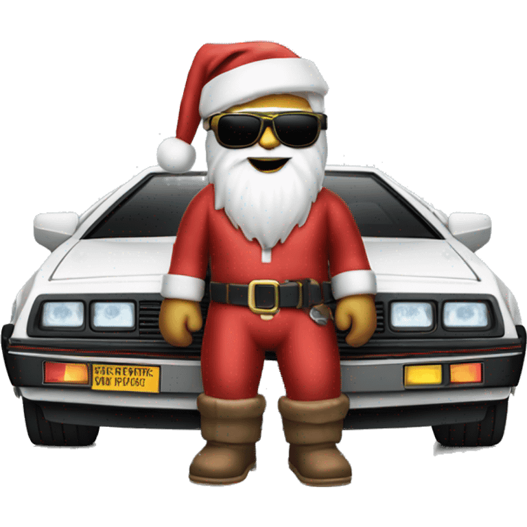 Create Santa Claus with sunglasses near back to the future DeLorean emoji