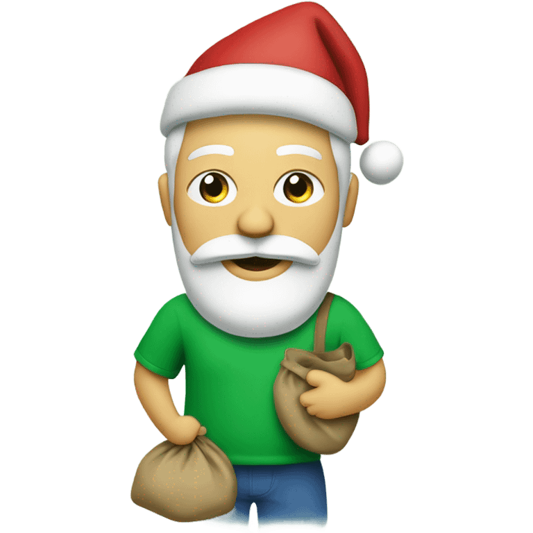 Santa with beard, carrying his sack while wearing a green t-shirt with the words ‘Greenwich Health’ written in white letters  emoji