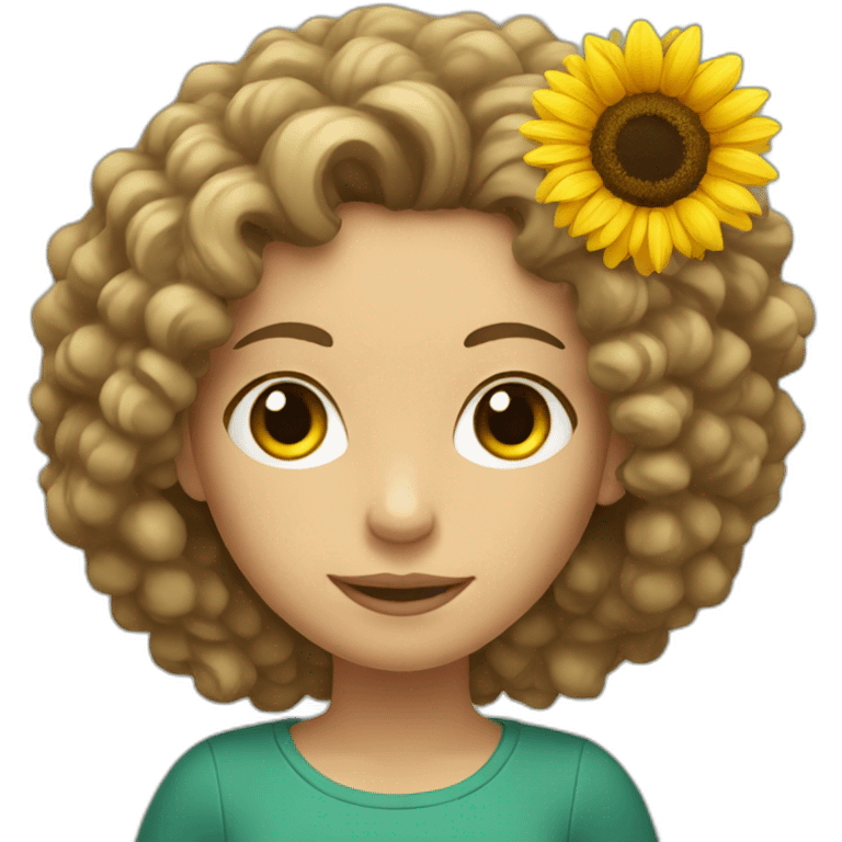 White woman with curly hair holding a sunflower emoji