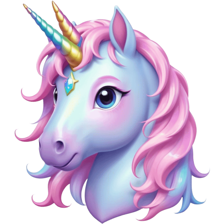 Cinematic pastel-colored unicorn, flowing iridescent mane, big sparkling eyes, tiny rounded hooves, soft chubby cheeks, delicate magical glow surrounding, enchanting and dreamy. emoji