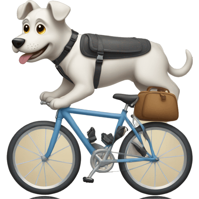 A dog is riding a bicycle and wearing a backpack. emoji