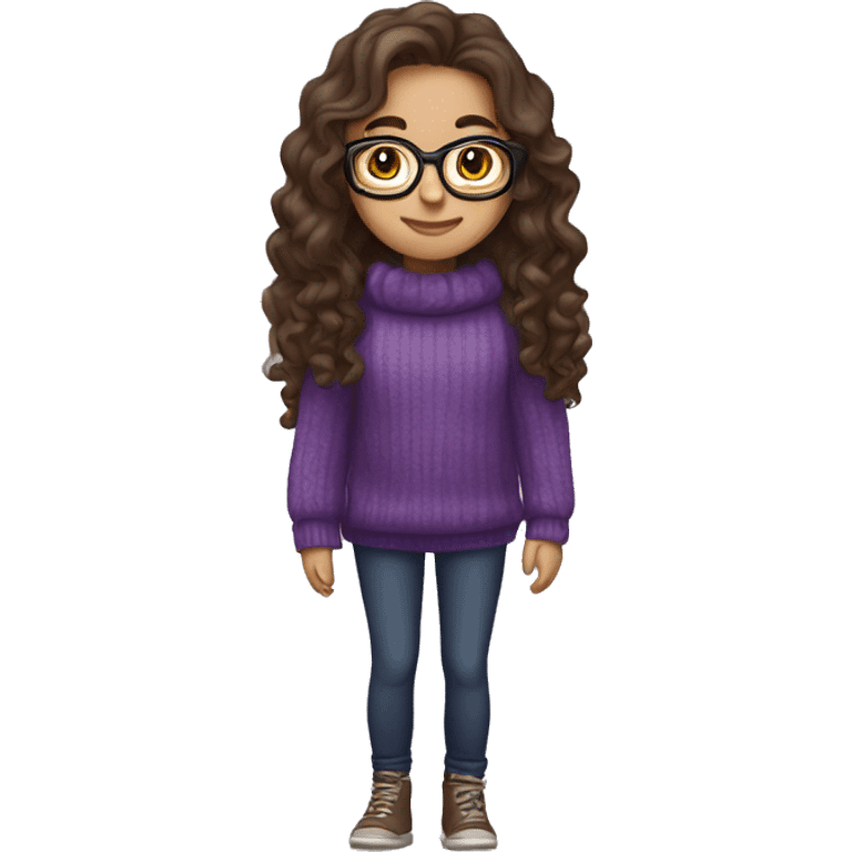 young girl, young hispanic, long brown hair, long curly brown hair, brown eyes, purple winter sweater, glasses, full body emoji