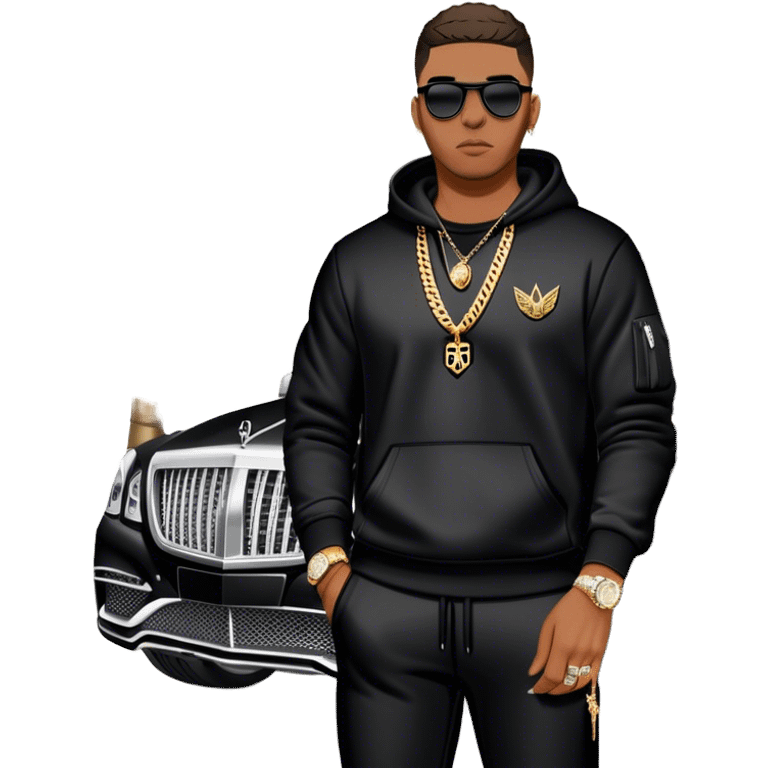 Man living his dream, standing outside his Maybach GLS 600 wearing a Palm Angels Sweatsuit & an Audemars Piguet on his wrist with a diamond Cuban link chain around his neck emoji