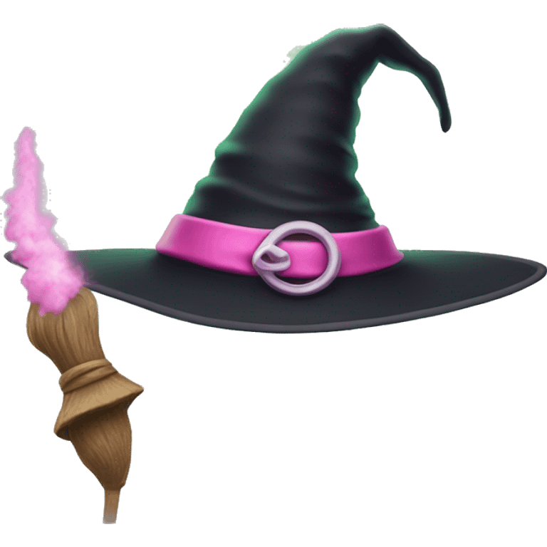 witch hat with green smoke around it, side by side with pink fairy wand  emoji