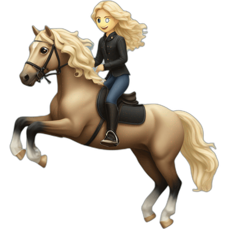 blonde girl with wavy hair riding friesian horse jumping emoji