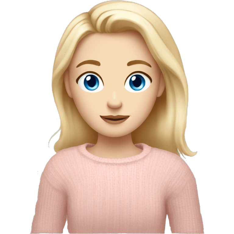 Pretty blue eyed white girl with blond hair with light pink sweater reading cozy emoji