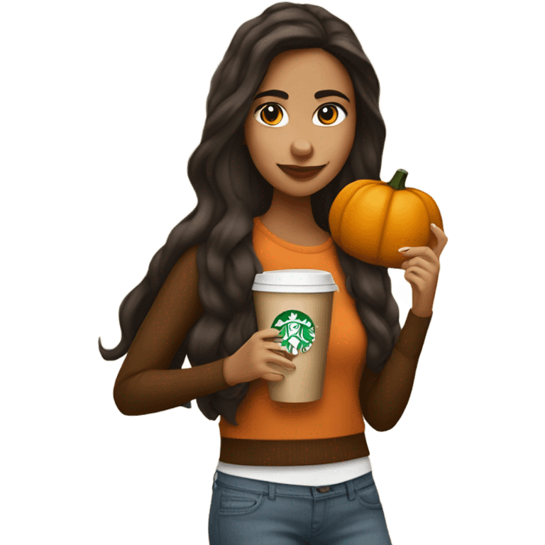 Hispanic girl drinking pumpkin spice latte from Starbucks emoji