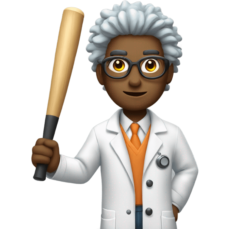 cartoon scientist with wild hair, wearing a lab coat and goggles holding a baseball bat emoji