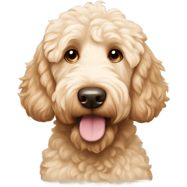 A cream colored goldendoodle dog with a brown nose and reddish long ears  emoji