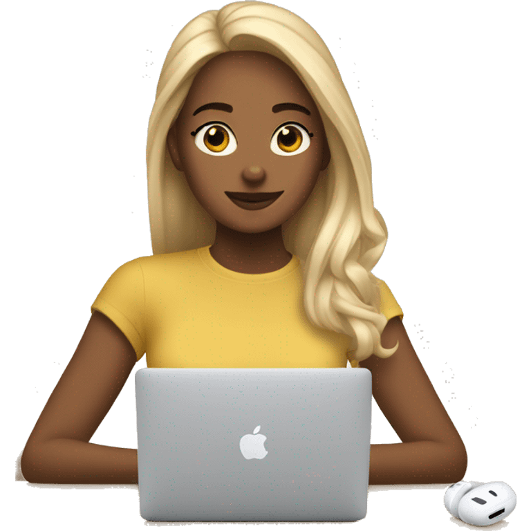 A blonde girl with airpods max and looking at a macbook emoji