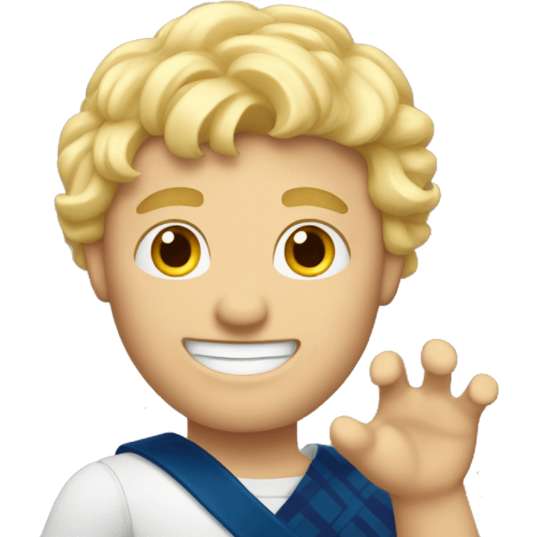 Male with blonde hair waving hand to say hello with a Scotland emoji