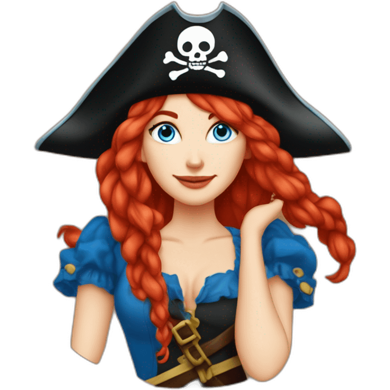 Woman long red platted hair hanging down to left, pirate hat. One side of head has no hair. Blue eyes. skull and crossbones t shirt emoji