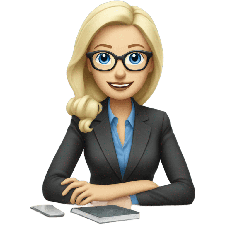 Corporate blonde boss lady with glasses happy blue eyes sitting at a desk drinking coffee  emoji