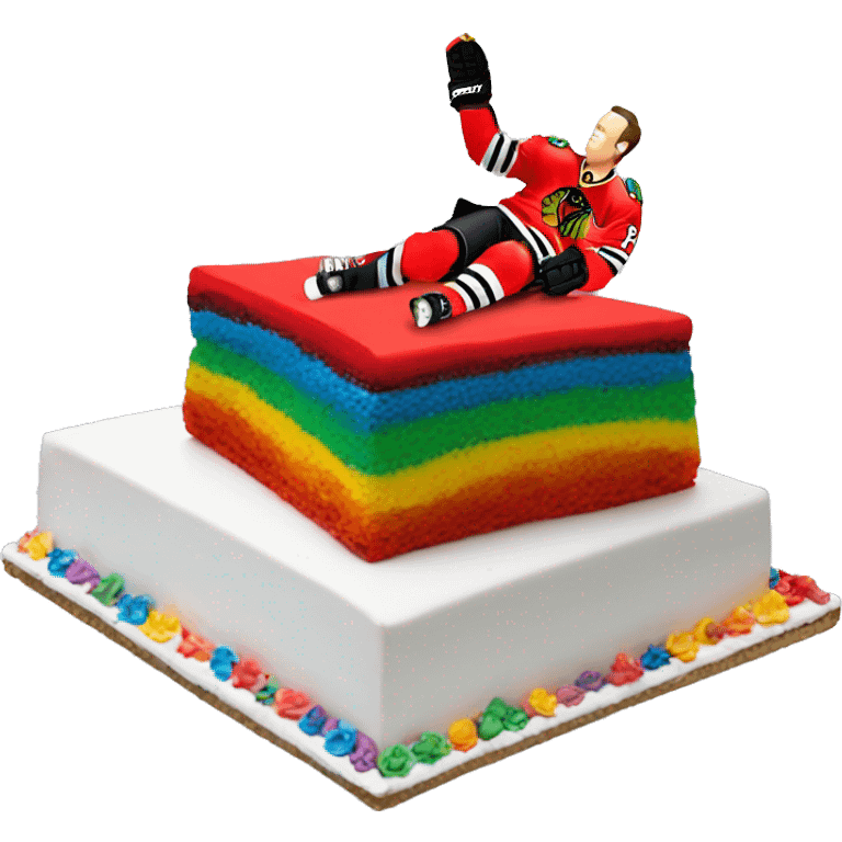 Jonathan Toews laying on a rainbow cake emoji