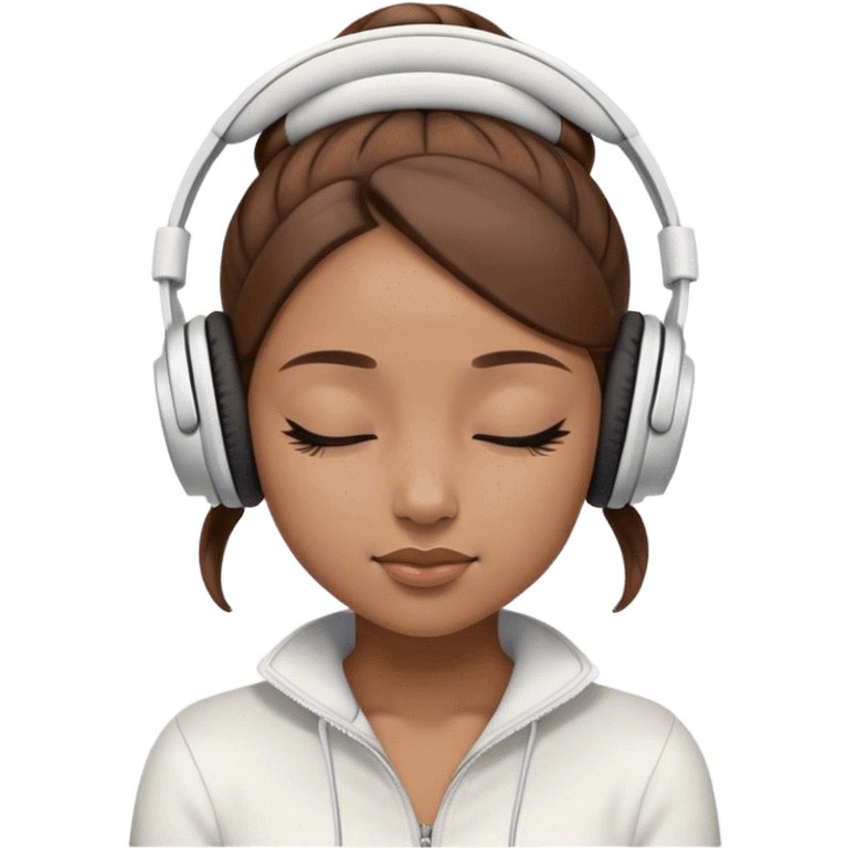 Light brown skin girl, brown hair in bun, eyes closed, white headphones on listing to music emoji