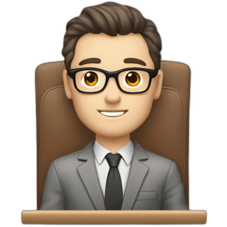 Pale skinned Fit Man With dark brown hair in gray jacket, beige office shirt, Brown pants and vintage glasses sitting In a soft chair with a notebook on spring with emblem Ψ and a pen emoji