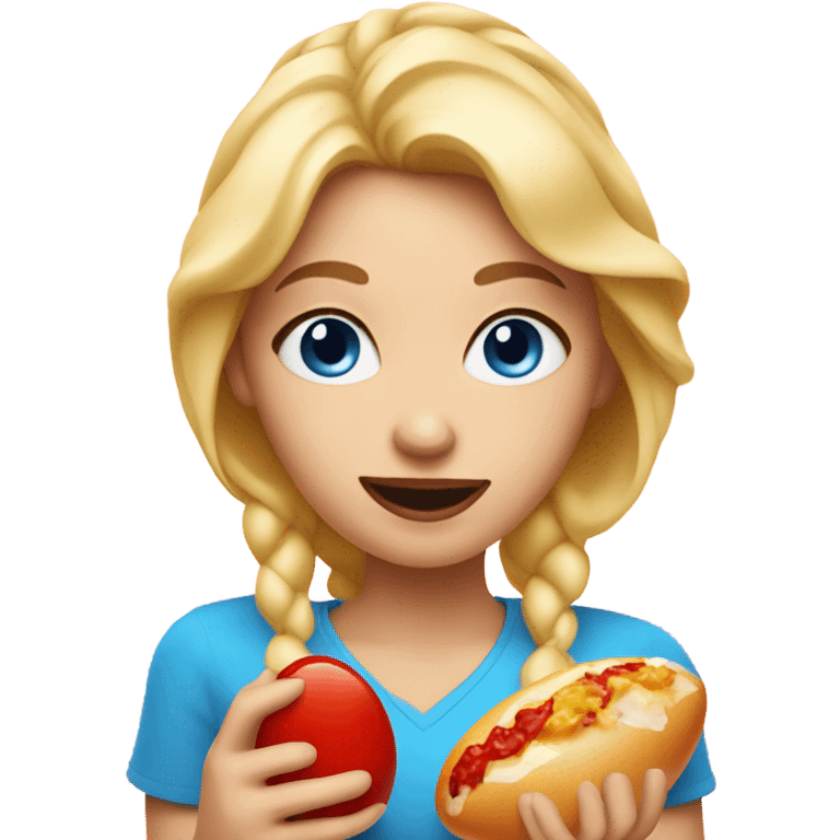 Blonde girl with blue eyes and a ketchup covered egg in her hand emoji